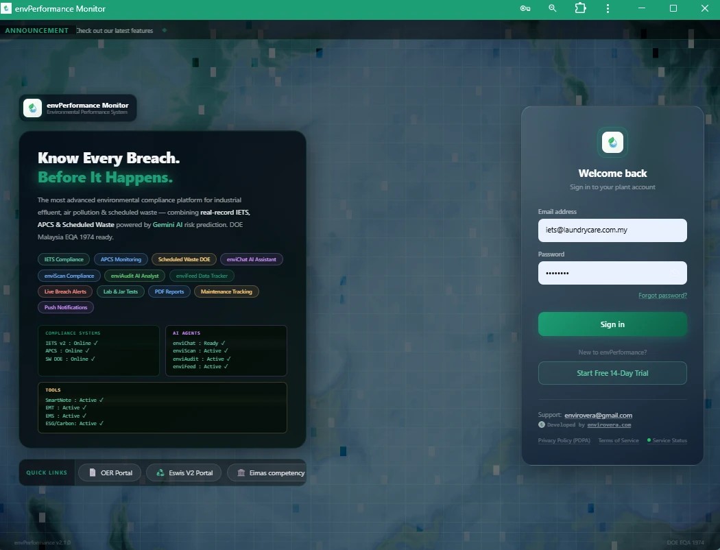 envPerformance Monitor — sign-in dashboard